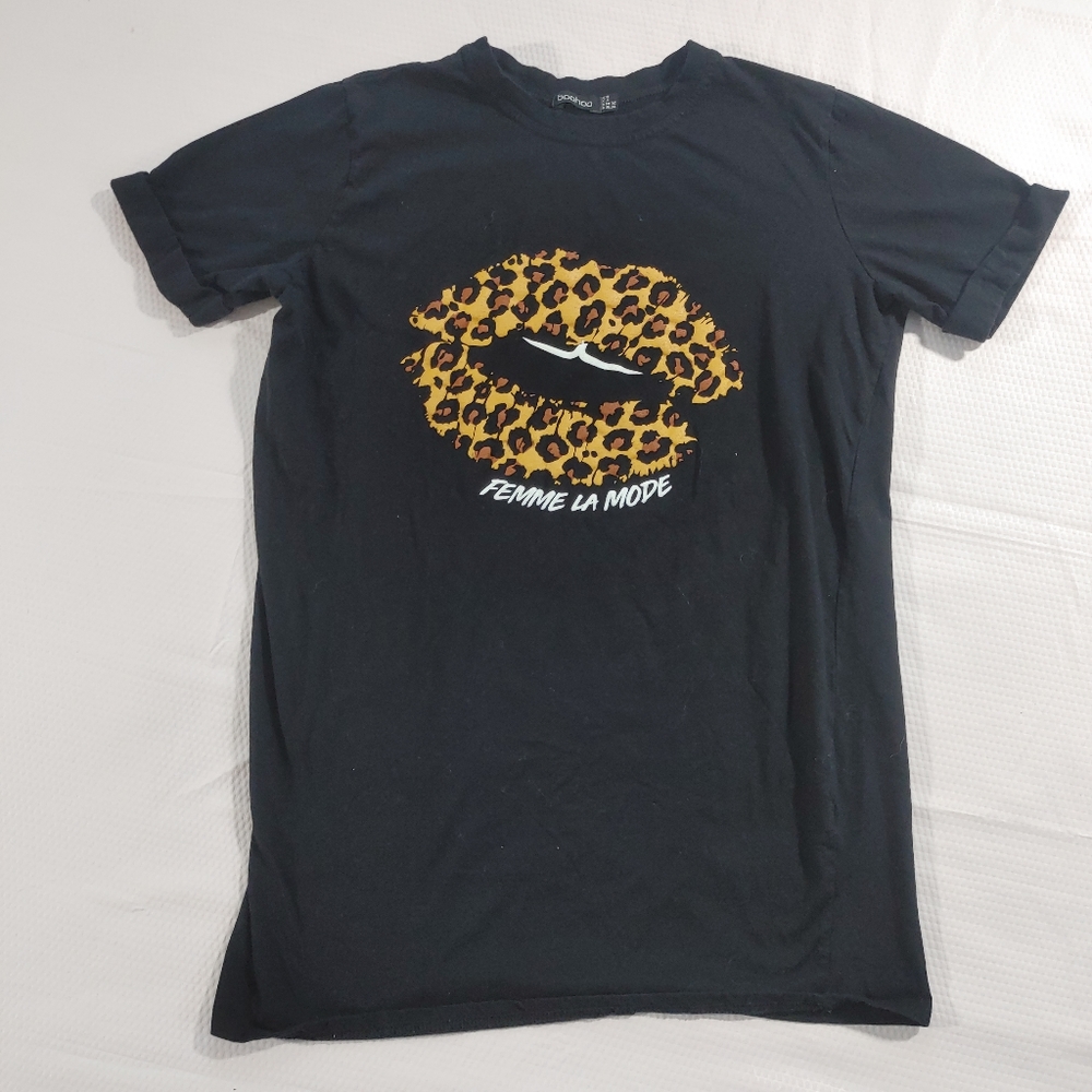 Boohoo Cheetah Lip Femme La Mode Black Short Sleeve T-shirt - 4 - Picture 3 of 8